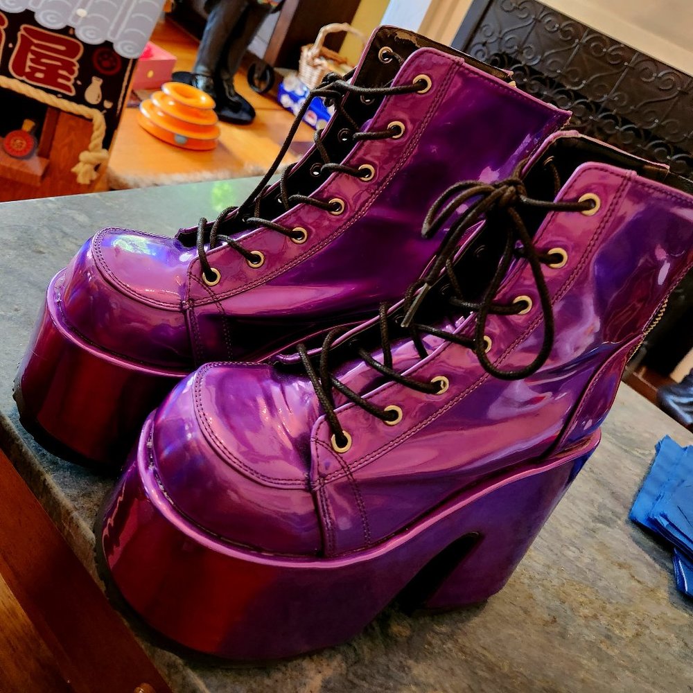 Purple Hologram Demonia Platform Boots Size 6